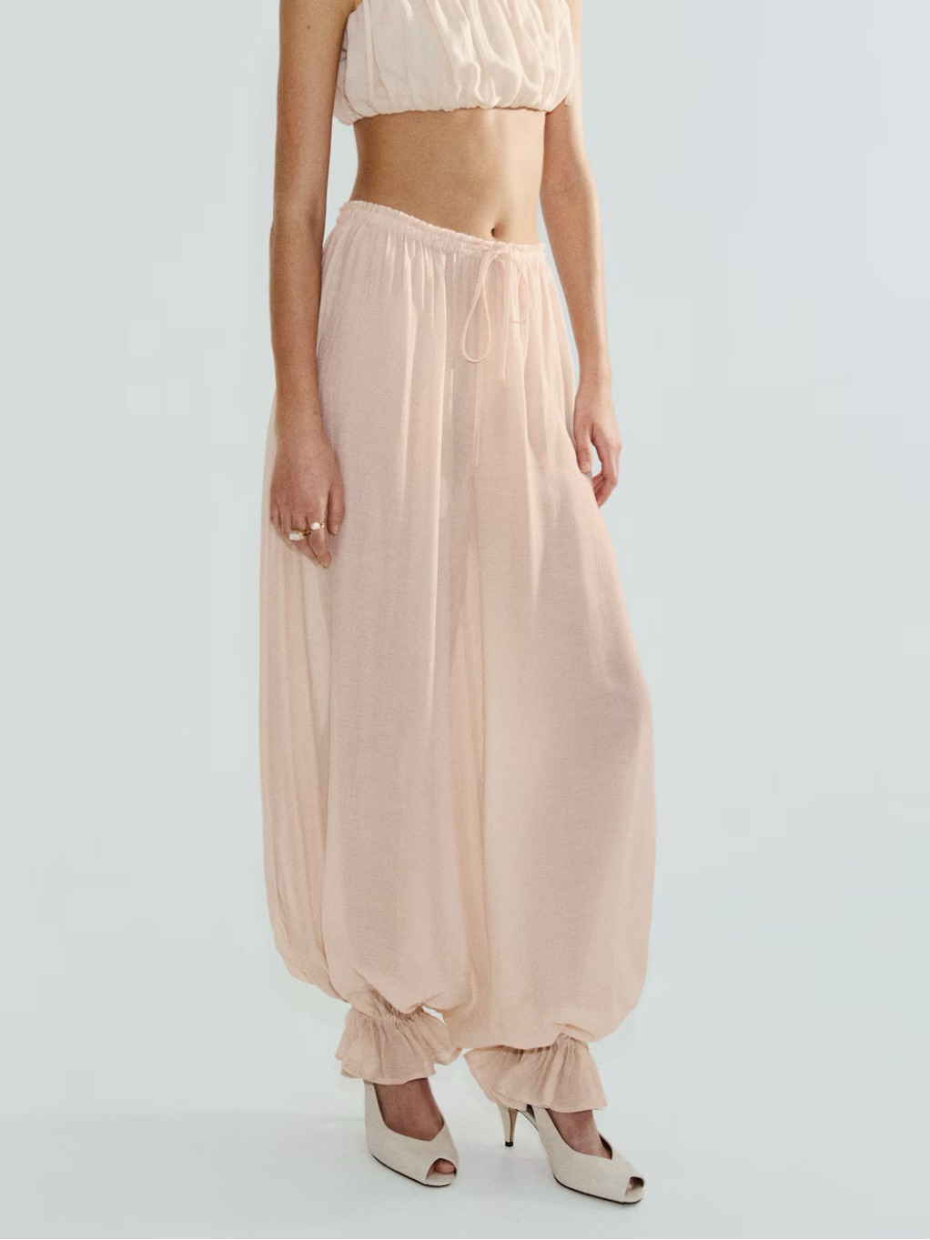 H&M Ballon Leg Pants With Drawstring & Elastic @ Ankle And Flared Hem- Beige